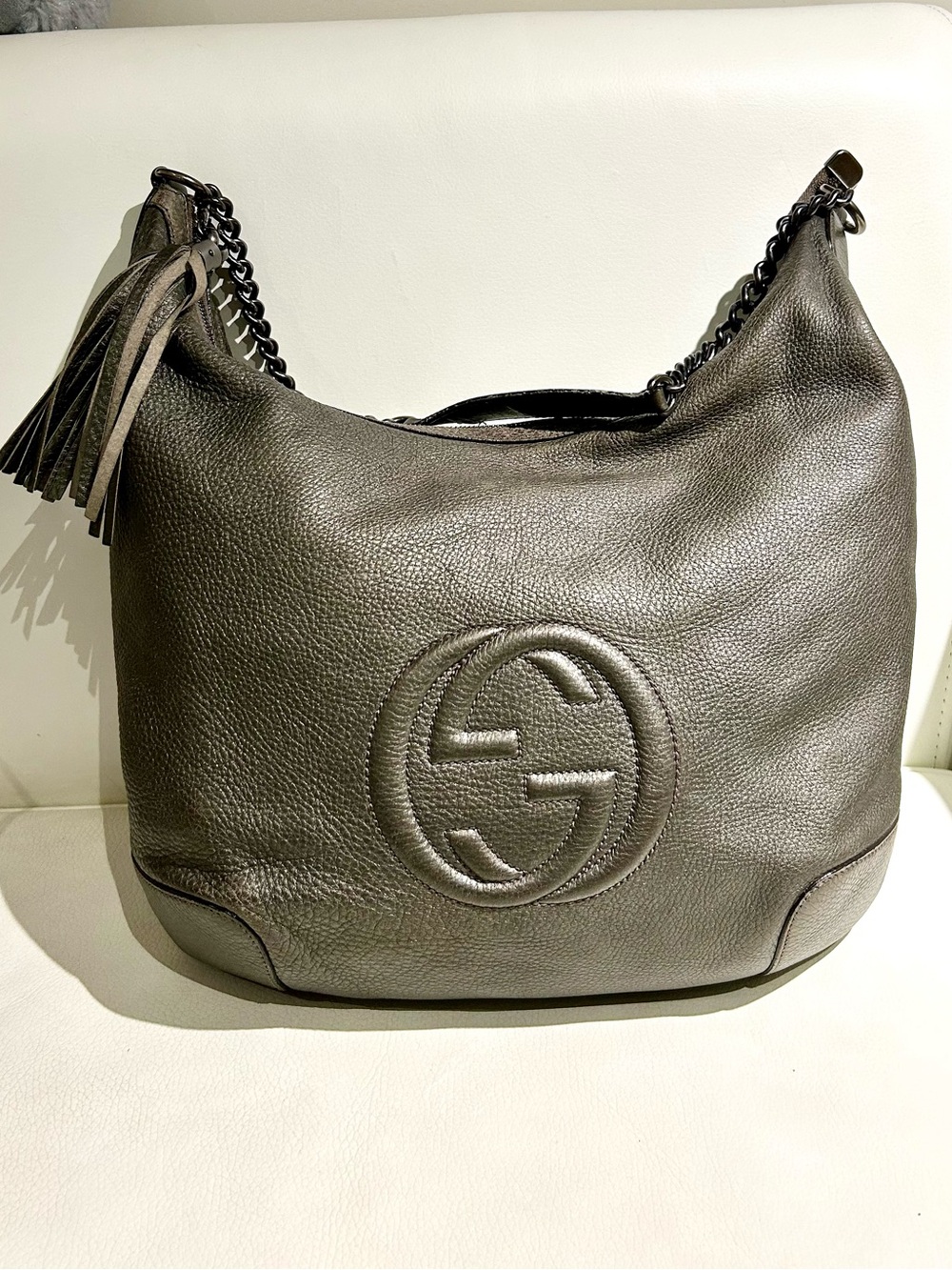Gucci Soho Pewter Pebbled Leather Hobo with Tassel